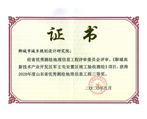山東省優(yōu)秀測(cè)繪地理信息工程三等獎(jiǎng)
